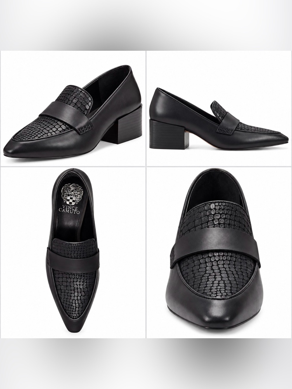 Vince Camuto Adealia Block Heel Snip Toe Loafers Black Leather Pointed Pumps
